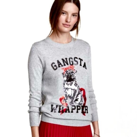 H&M Sweaters - H&M Gangsta Wrapper Sweater Gray Sequin Embellished Long Sleeve Pug Knit Top XS